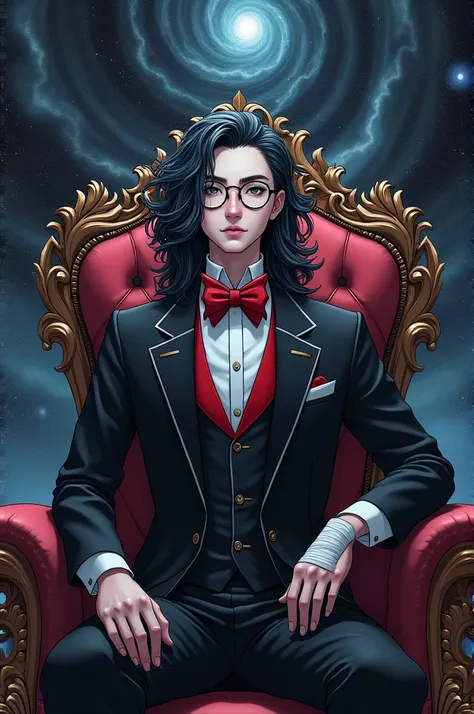 A young man with long hair patted in wavy hair, black hair dyed white in front, wearing round glasses, wearing a black suit, tied with a red bow, with a bandage on his left hand, sitting on a throne, the background is cosmic, there is the word SZG in the p...