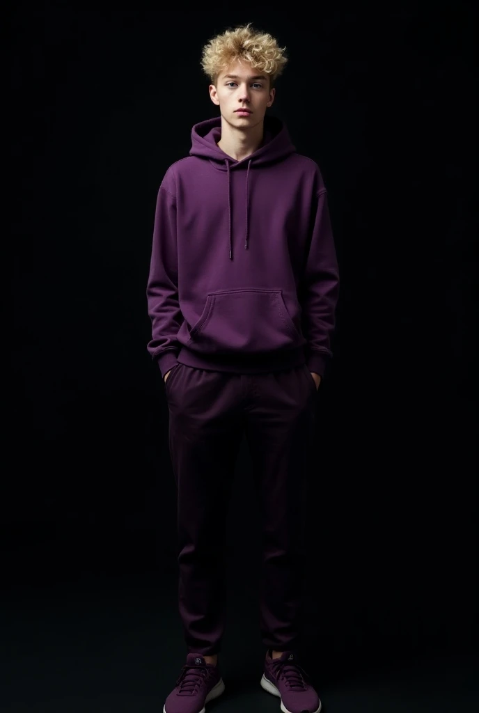 Tall Attractive icelandic teen guy with fluffy light blond hair hair and blue eyes, wearing purple hoodie and trouser and shoes. Standing in a black background (full body)