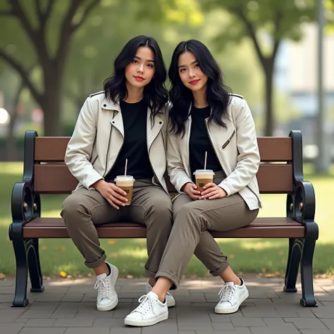 Beautiful girl with wavy long hair, bohemian dress,  A pair of young Indonesian men and women, bright black hair, wearing a black t-shirt and white leather jacket. long cargo pants,pose,looking at the camera, white sneakers, sitting on a bench in a city pa...