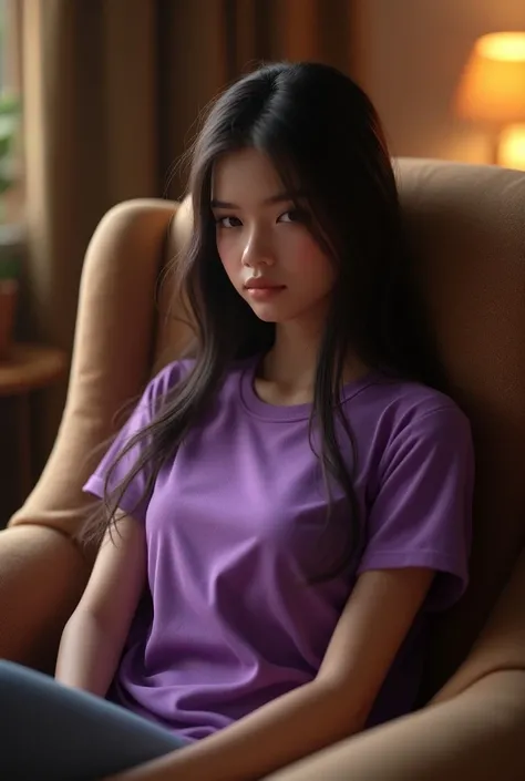 Girl purple t-shirt on armchair