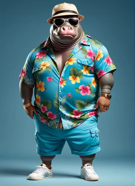 photorealistic portrait of Dressed animals - a ((fat)) (hippo) hip hop dancer, (art by Cane Griffith),(standing), high quality,(lovely) ,intricate details, highly detailed ((resort fashion)) ,(wearing sunglasses:2.0), (baseball cap, short pants, sneakers),...