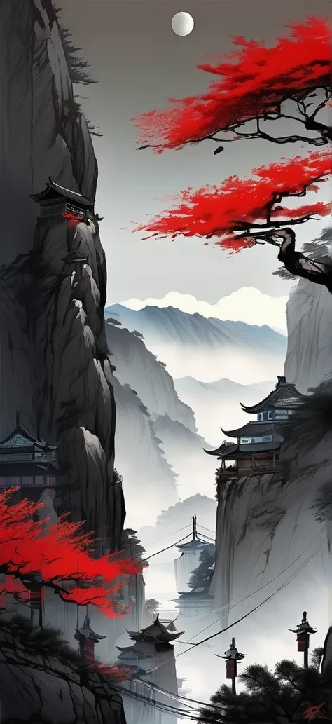 anime aestetics,black, red and white colors, chinese ink painting, town built in the mountain, trees growing from the sides of the mountain, canyon, encient sanctuary, giant structure, classica art style, mild for, tall shot, atmospheric perspective, persp...