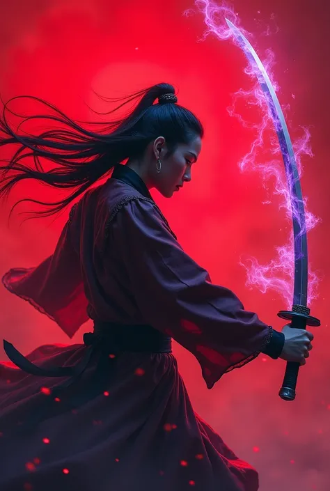 Hide the katana behind your back and swing it forward with the wind as a red and purple magic effect, and the background is red.