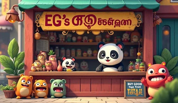 A lively scene featuring a panda running a traditional Tamil factory named EGS பொம்மை கடை. Outside, there is a clearly visible and vibrant signboard in Tamil script that reads EGS பொம்மை கடை and below it, another sign reading நல்ல பொம்மை வாங்க நல்ல கடைக்கு...