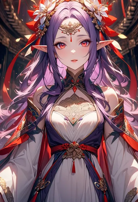 A beautiful elf girl with vibrant, crimson eyes full of life and a lively expression that brings warmth to her face. Her skin is extremely detailed and flawless, showcasing the delicate textures of her complexion. She has long, flowing purple hair styled i...