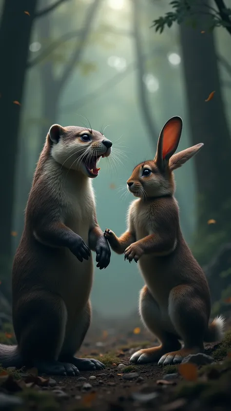 "Create an image where an angry otter and an equally fierce rabbit are positioned face-to-face in a tense confrontation. The otter stands on its hind legs, with its fur bristling and teeth bared, while the rabbit, with its ears back and eyes intense, appea...