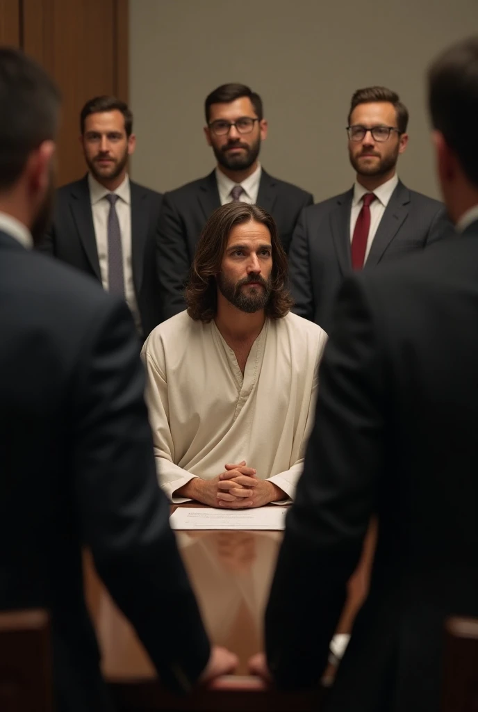 JESUS Christ sitting in the middle of men wearing suits 