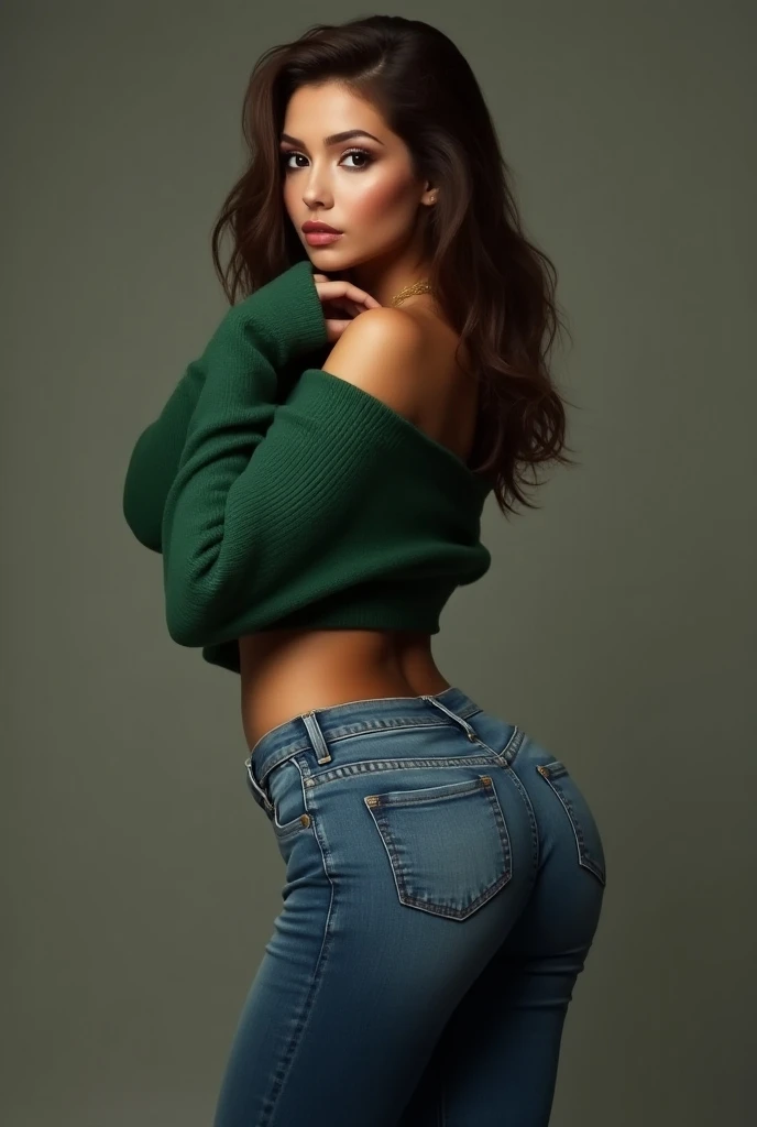 a sexy girl, with a short green sweater Denim pants and that your breasts are big, And let it be Güera , your big butt, y sexy