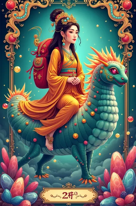  Create a bright colorful cartoon tarot card illustration , close-up of an incredibly beautiful Chinese goddess with a backpack on her shoulders rides a giant caterpillar with precious stones in the style of Tarot Waite-Smiths Tarot Tarot Tarot Tarot Tag