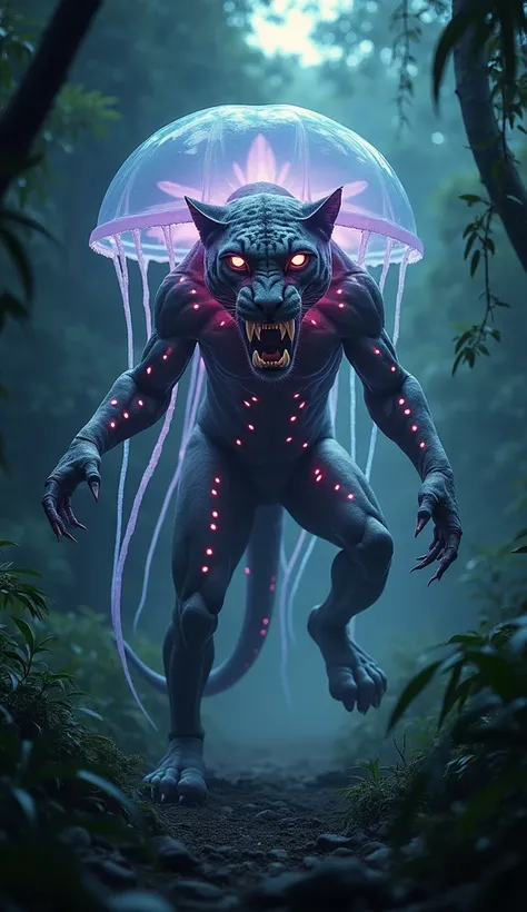 Create a monstrous hybrid creature that merges the unique features of a jellyfish and a leopard into one seamless, fearsome entity. This hybrid should have the sleek, muscular body of a leopard covered in faint, glowing, jellyfish-like patterns along its s...