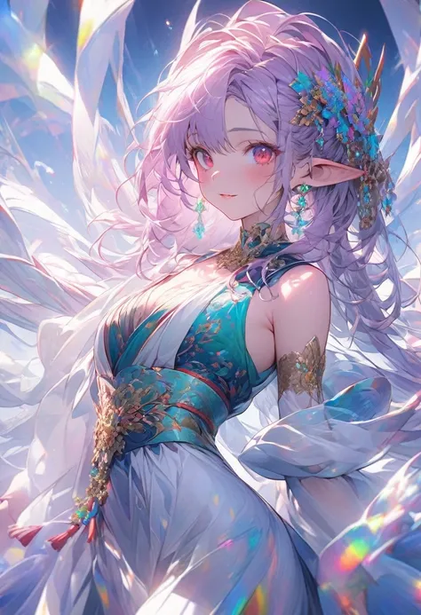 A beautiful elf girl with vibrant, crimson eyes full of life and a lively expression that brings warmth to her face. Her skin is extremely detailed and flawless, showcasing the delicate textures of her complexion. She has long, flowing purple hair styled i...