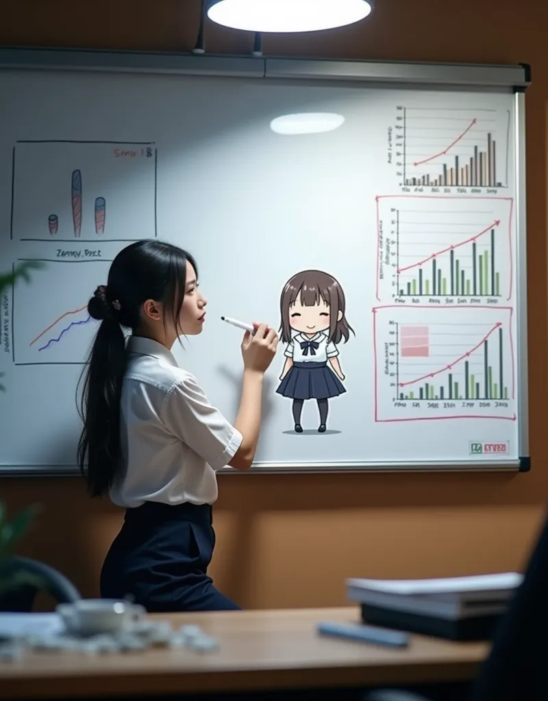 ultra-realistic, photorealistic, dramatic scene, shadow, global-illumination, solo, (20 years old Japanese famous idol girl:1.5), very beautiful fragile Japanese girl, very beautiful with very cute but boyish cool face, she is Japanese office worker, wearing office worker's uniform, at a meeting room with her customers, She draws very realistic smiled Chibi-anime-girl on a large whiteboard using only magic markers, window with curtain, A magnificent work using the blackboard as a canvas, many difficult graphs and other description of the business plans are on the whiteboard, 