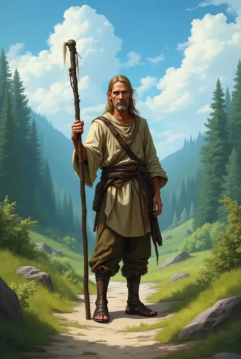 In RPG style, in style of Dungeons & Dragons, in style of fantasy painting. Full body view, looking at the viewer. image of a male elf druid with with wood quarterstaff, cloth armor, dark leather sandals. Standing with both feet on the valley path. forest ...