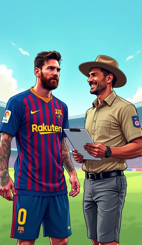 Image(comic book style) This is a digital image of two men on a football field.  Lionel messi on the left wears a blue and red Barcelona shirt with a print on the chest.   He has a beard and is looking to the side with a serious face.   To the right is a m...