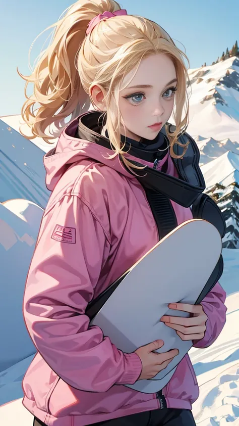  1 girl, ponytail blonde perm girl in pink clothing is watching me,,tre anatomically correct,,Accurate snowboarding ,On the slope, photorealism ,​masterpiece,Snowboarder