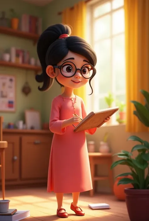 Ananya  is standing      happily making sketches inher cozy house wearing long pink frock  

Ananya is a 14-year-old girl  good height slender build, fair  medium-length black hair tied in a ponytail, spectacles  dark eyes. 

.3d Pixar style

