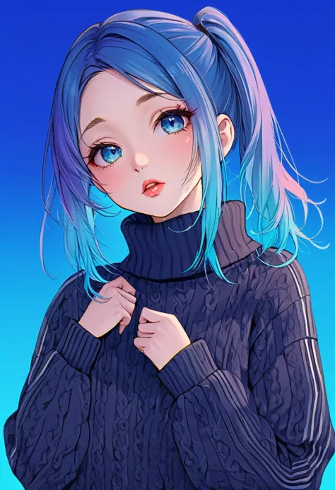 illustrator, anime , realistic ,sketch , 1 girl, ,lip, sweater,order, Blue gradient background, neon hair,Textured trim, Canadian, (masterpiece,Best quality) ganyou