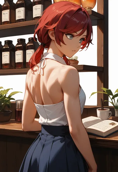 1girl, solo, Gray eyes, dark red hair, swept bangs, low twin tails, small breasts, toned arms from behind,looking away, close-up, bare shoulders, sleeveless white halter neck collared shirt, dark blue skirt, back view, back covered by hair, holding book wi...