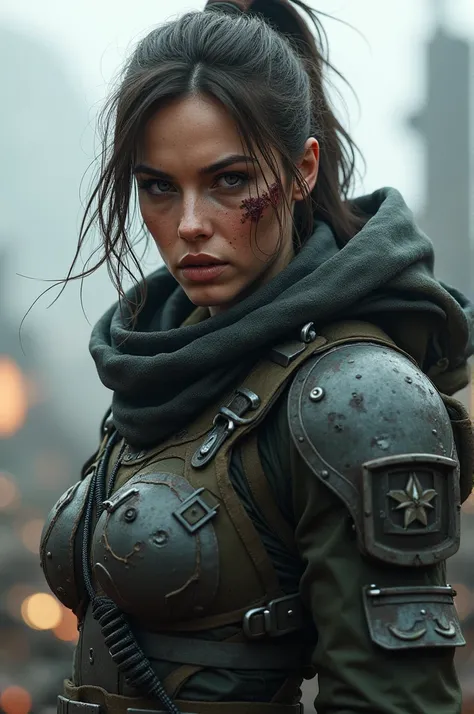 A beautiful military woman in modern armor her face is half burned and she is wounded but still alive