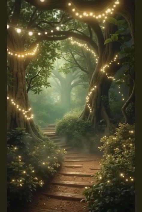 Make a image with mystery forest, string led light on trees, lane, undefined, 