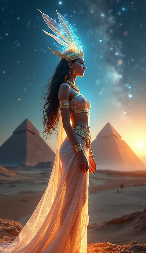 A breathtaking, photorealistic 3D anamorphic illusion depicting an ethereal, majestic Egyptian goddess figure posed in a graceful, captivating stance. The central figures expression is imbued with a profound sense of power and serenity, her piercing gaze c...