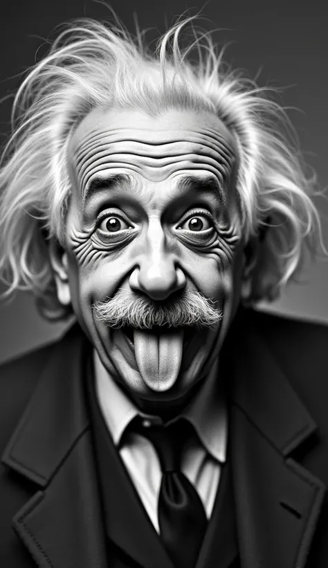 color of Albert Einstein seriously sticking out his tongue, close-up, black and white, iconic and humorous style, 1940s vintage photo