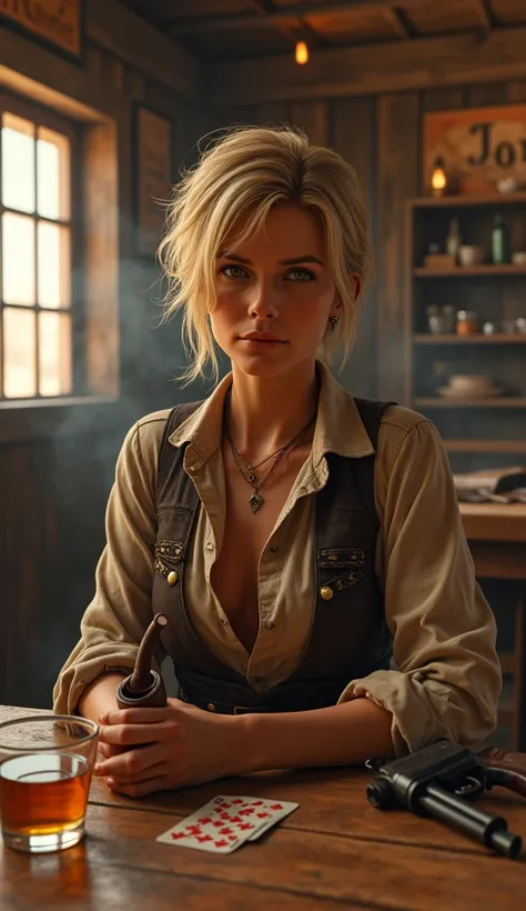 Short Haired Female Cowboy in a Saloon in the Old West,Blonde,Sitting,Smoking Pipe,Table Wisky,Piano,6 Bullet Revolver,Barrel,Table,Playing Cards,Dust,Artwork,3D,4K,Detailed,Realistic