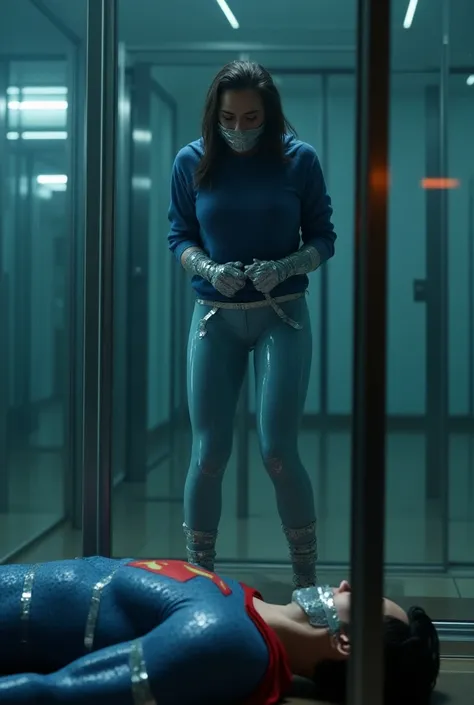 Lois lane tied up in a glass cage and it duct tape gagged with shiny silver duct tape. and her hands and ankles are tied with shiny silver duct tape.  Lois lane is wearing a blue hoodie and light blue tight leggings.Superman is unconscious on the floor. Th...