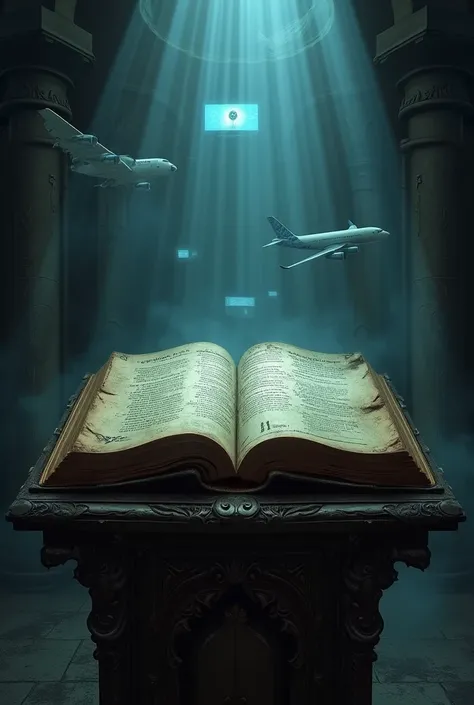 A dark, ancient room with an open book displaying cryptic, aged writings. In the background, faint holographic images of planes and computer screens blend with the mystical atmosphere.