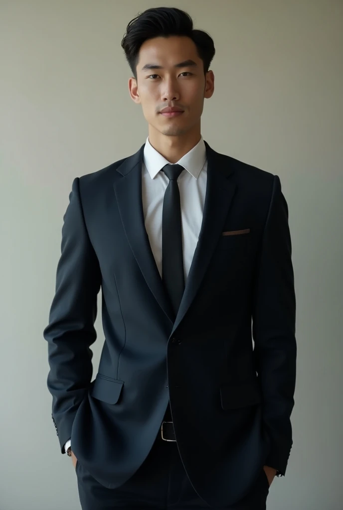 A young man wearing a suit, standing straight like a potential leader, without a beard or mustache, and with black hair in office 