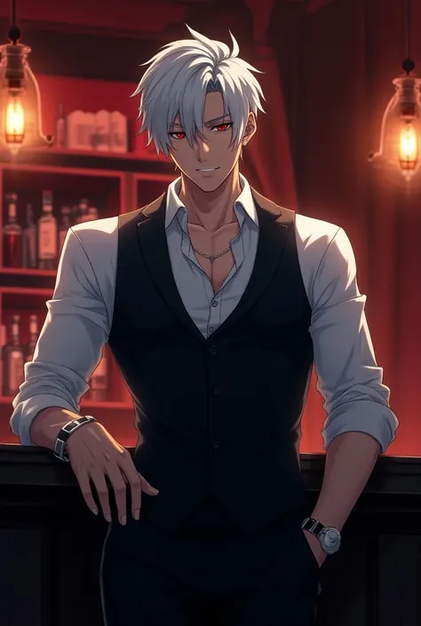 A well groomed anime man in his 30 with silver hair and red eyes. His runs a bar for demonic patrons called the "Devil May Cry" and is the barkeeper there. Hes fit and lean, but not very muscular.