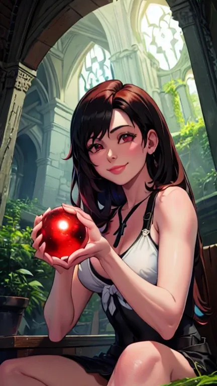 Tifa Lockhart,   sits in a clearing with ,  in an abandoned church , smiles, four small bright spheres of red in my hands, green,  lilies of blue and purple , spheres glow , portrait,  detailed face 