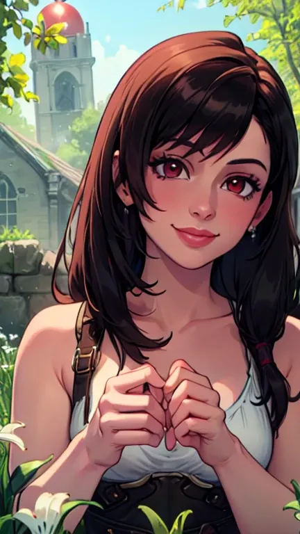 Tifa Lockhart,   sits in a clearing with ,  in an abandoned church , smiles, four small bright spheres of red in my hands, green,  lilies of blue and purple , spheres glow , portrait,  detailed face 