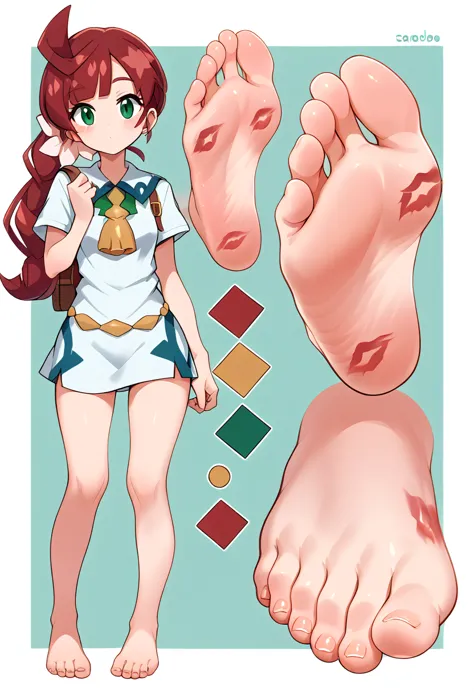 character reference sheet, conceptart, cute christmas girl, short dress ,foot focus sole , kiss marks all over barefoot sole, ch...