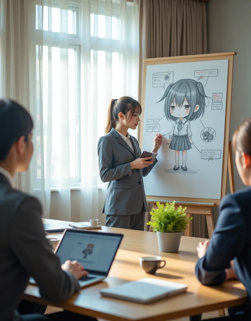 ultra-realistic, photorealistic, dramatic scene, shadow, global-illumination, solo, (20 years old Japanese famous idol girl:1.5), very beautiful fragile Japanese girl, very beautiful with very cute but boyish cool face, she is Japanese office worker, wearing office worker's uniform, She is in a conference room with members of her company's board of directors, She is explaining her new business plan in front of a whiteboard, She draws very realistic smiled Chibi-anime-girl on a large whiteboard using only magic markers, window with curtain, A magnificent work using the blackboard as a canvas, many difficult graphs and other description of the business plans are on the whiteboard, 