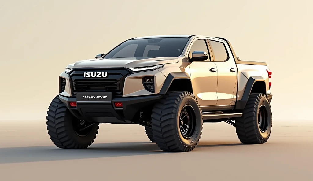 "The Driving side view of a 2025 Isuzu D-MAX Pickup Truck concept. The vehicle has a sleek, modern design with bold lines and a rugged appearance. Its body is a soft beige color, featuring sharp LED headlights that wrap around the sides, giving it a futuri...