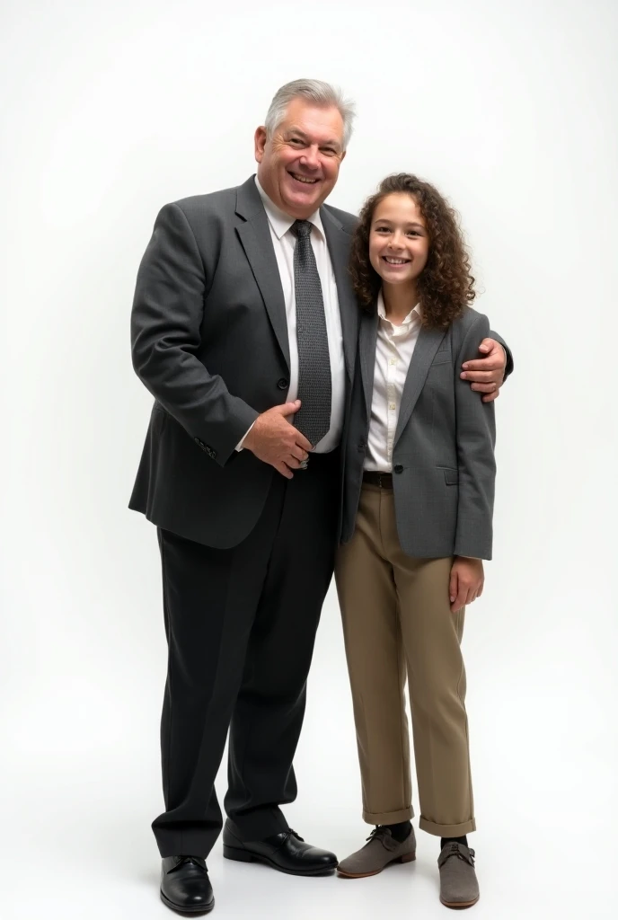 Studio photo of a old, a bit fat and tall father of 1 daughter, wearing clothes with the formal clothes. father aged 60 years with thick neat hair.  smiling girl with shoulder curly hair. white background.