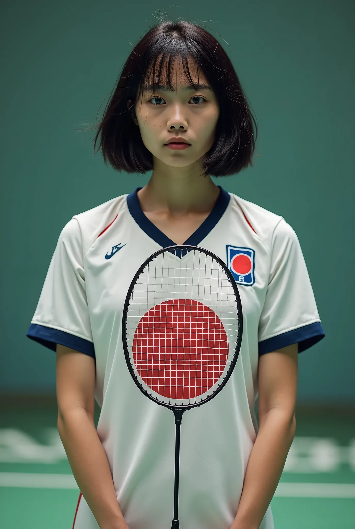 live-action、 real、badminton player 、 very beautiful japanese woman 、black hair、 short bob hair、 japanese badminton team uniform、...