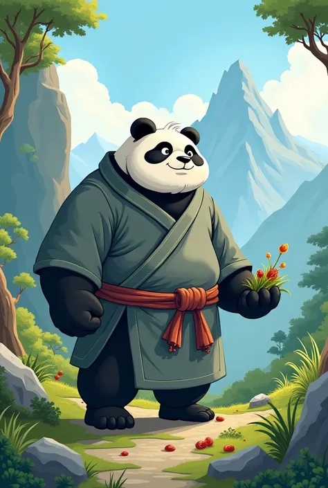 Cartoon version of a kugfu panda man wearing gray monk clothes with great strength collecting medicine in the mountains
