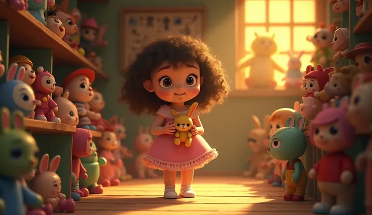  Animated image ;Mia a small girl with big, wide eyes and curly hair, wearing a pink dress and white shoes. She was always curious and kind-hearted,  she is holding a stuffed rabbit named Benny, an old, charming toy shop lit by soft yellow light, as Mia tu...