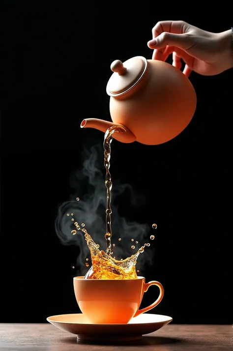 A teapot pouring tea into a cup from above, creating a splash effect as the tea hits the cup. There should be no human hand holding the teapot, but if a hand is present, it should be black. The scene should look highly realistic with a black background.. T...