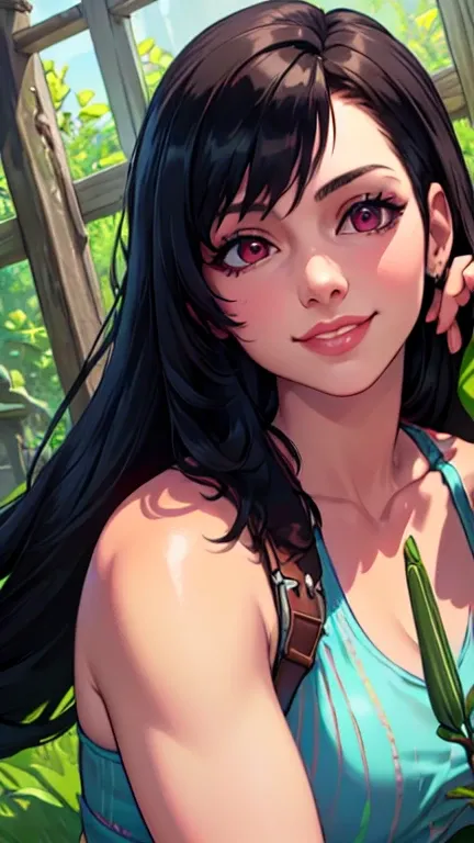 Tifa Lockhart,   sits in a clearing with ,  in an abandoned church , smiles, wearing gloves with built-in four small bright spheres of red, green,  lilies of blue and purple , spheres glow , portrait,  detailed face 