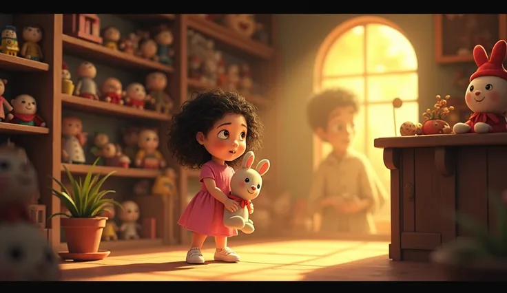  Animated image ;Mia a small girl with big, wide eyes and curly hair, wearing a pink dress and white shoes. She was always curious and kind-hearted,  she is holding a stuffed rabbit named Benny, an old, charming toy shop lit by soft yellow light, as Mia tu...