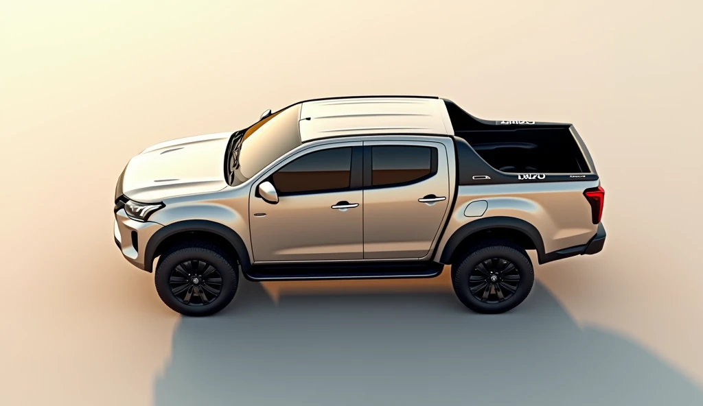 "The top view of a 2025 Isuzu D-MAX Pickup Truck concept. The vehicle has a sleek, modern design with bold lines and a rugged appearance. Its body is a soft beige color, showcasing a streamlined roofline with subtle contour details, giving it a futuristic ...