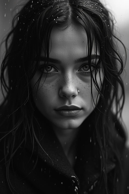 Detailed black and white portrait of a woman with rain gently falling around her, droplets on her face, intense look in her eyes, soft expression, delicate highlights in her hair, moody lighting, and high-contrast shadows capturing deep emotion