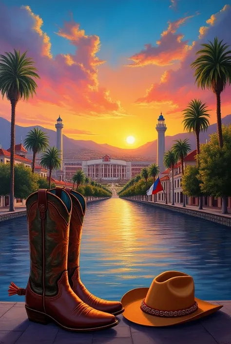  One vibrant oil painting that captures the essence of Monterrey , Nuevo León .  in the background ,  the Sultans baseball stadium ,  with their lights shining under a twilight sky . To the right,  the iconic Cerro de la Silla looms against the horizon ,  ...