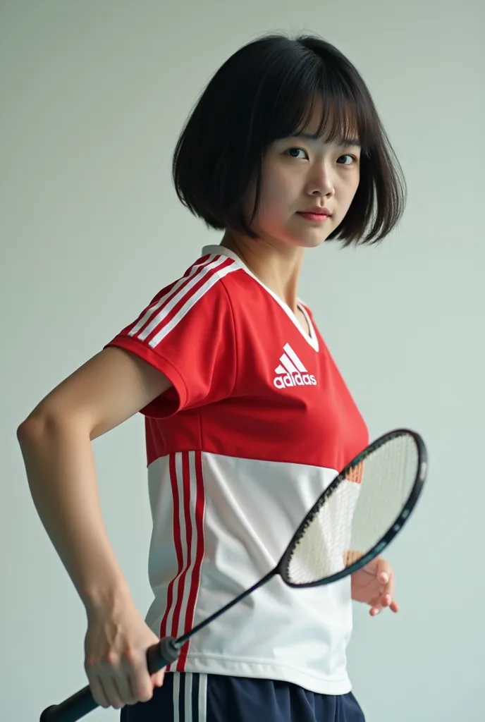 live-action、 real、badminton player 、 very beautiful japanese schoolgirl、black hair、 short bob hair、 japanese badminton team unif...