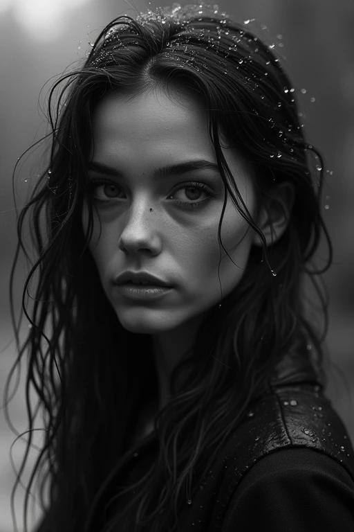 Detailed black and white, full view of a woman with rain gently falling around her, droplets on her face, intense look in her eyes, soft expression, delicate highlights in her hair, moody lighting, and high-contrast shadows capturing deep emotion