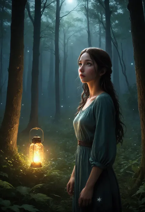 in a dark dark forest, no moon, few stars, the darkness is broken and lit only by the light of fire flies, a cute woman watches in wonder