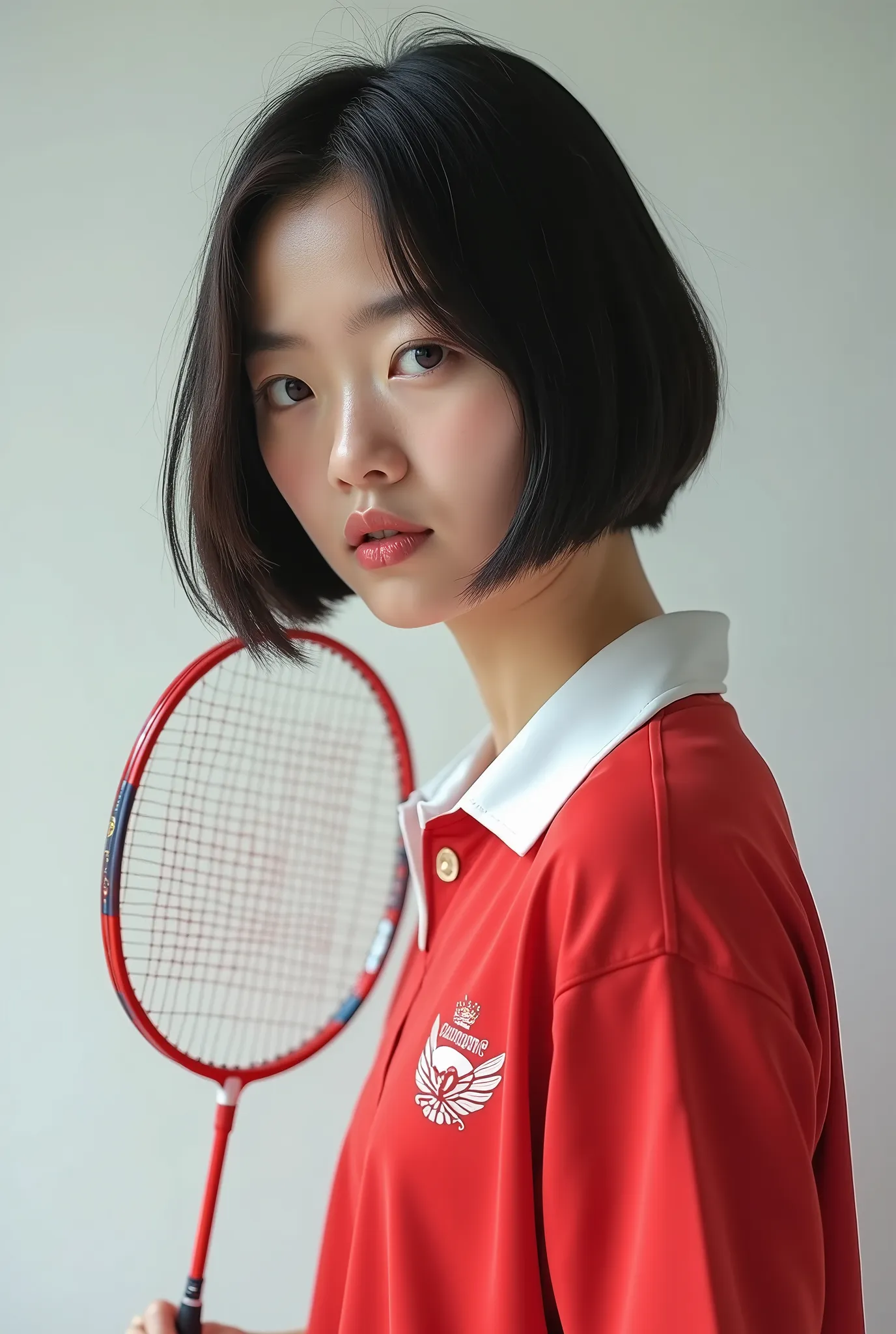 live-action、 real、Badminton player 、 very beautiful japanese schoolgirl、Black Hair、 short bob hair、 Japanese badminton team uniform、badminton racket、Get Ready、 Dynamic Poses 、profile、